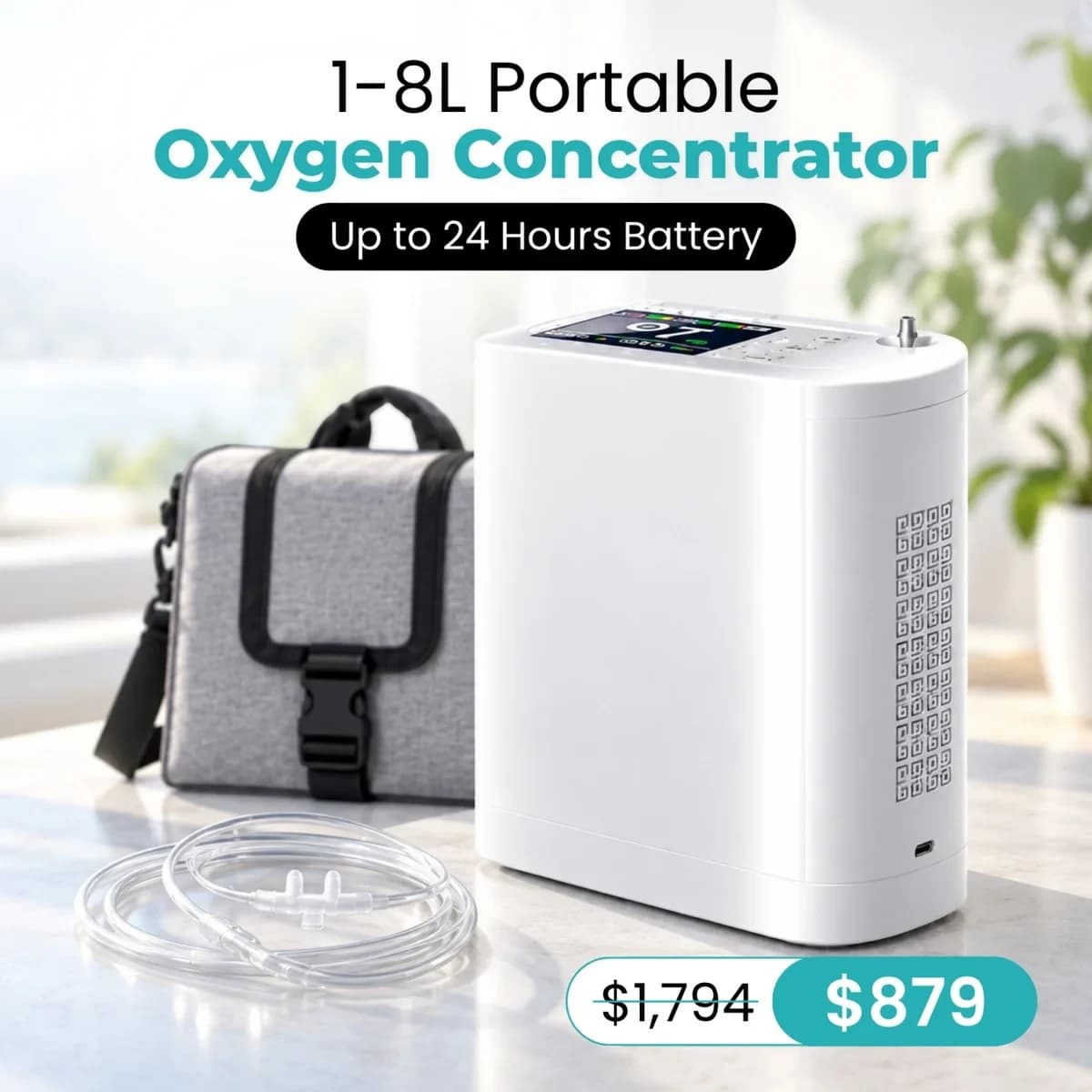 1–8L Portable Oxygen Concentrator for Home & Travel | ≥90% O₂ Purity